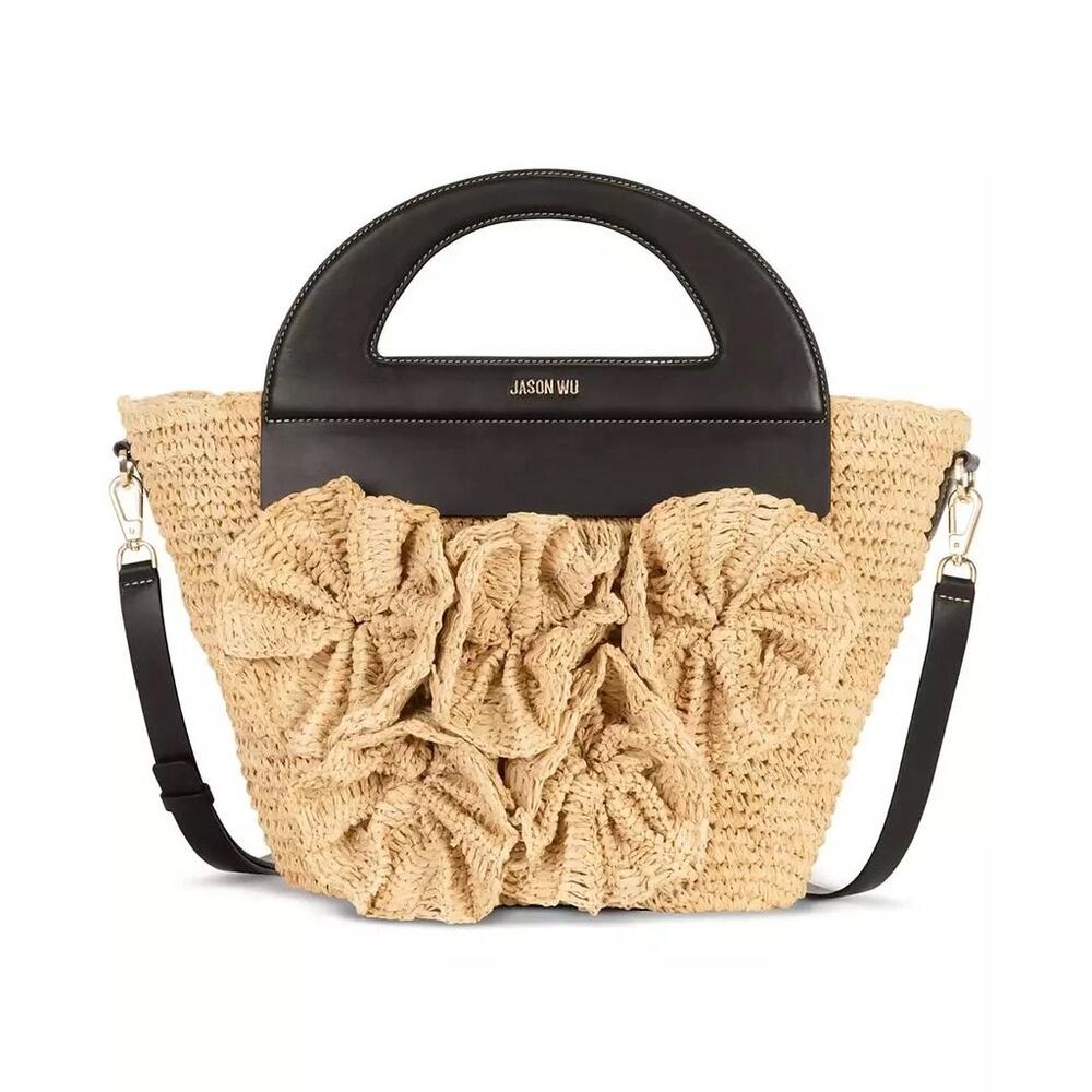 Jason Wu Raffia Floral Tote Bag Black Leather Top Handle Crossbody Purse - Picture 2 of 11